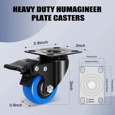 2 Inch Caster Wheel Set Of 8 Heavy Duty Swivel Casters With Brakes 1200 Lbs Capacity, side view with measurements and top plate design