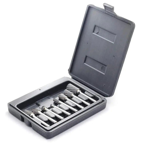 Eight Piece Double Cut Carbide Burr Set With One Quarter Inch Shank For Die Grinder And Rotary Tools Ideal For Metal Wood Carving Engraving Polishing Drilling Includes Eight High Performance Tungsten Carbide Burrs By YUFUTOL in open case