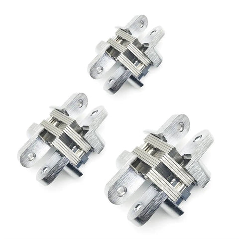 2Pcs Stainless Steel Hidden Hinges For 180 Degree Concealed Folding Doors, Invisible Cross Hinge For Cabinets Gates And Home Hardware, Durable Stainless Steel, Easy Mount, Hidden Door Leaf Hinge For Seamless Open And Close featuring a set of three hinges against white background showcasing intricate mechanism.