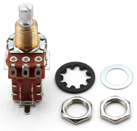Push Pull 500k Guitar Potentiometer With Audio Taper For Coil Splitting And Phase Inversion Smooth Volume Control The Art Of Tone By Bourns Short Split Shaft 18 Tooth Coarse Spline, front view with washers and nut