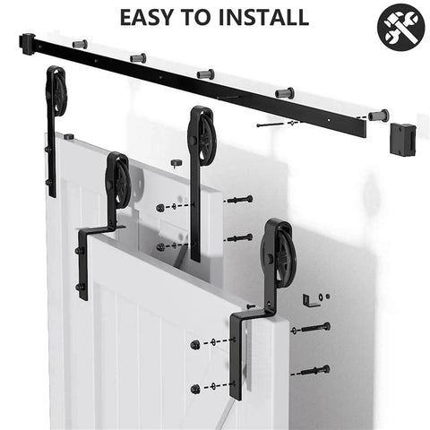 Sliding Barn Door Track Hardware Kit for Low Ceiling Spaces, Bypass and Rolling Library Ladder Style, installation view