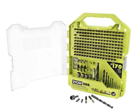 200 Piece Drill And Impact Drive Set Ryobi With Diamond Grit Bits For Longer Life And Stronger Grip Wide Range Of 1 Inch Drive Bits For Home DIY Projects And Tool Upgrades in open case showing contents.
