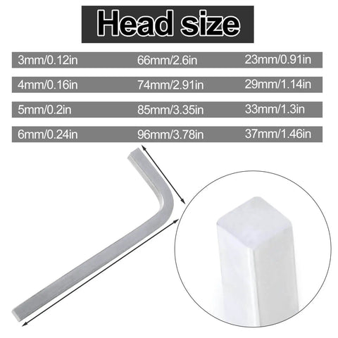 Dimensions and close-up view of L-shaped elbow wrench from Four Piece Square Head Wrench Set for Pocket Hole Screws, chrome vanadium steel.
