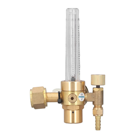 CO2 Welding Gas Regulator With Flowmeter Brass Body For MIG Welding, Adjustable Flow, Brass Construction, Side View