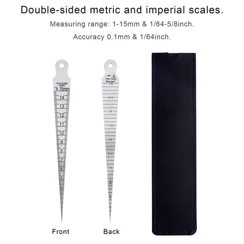Pro Grade Dual Sided Stainless Steel Aperture Gap Gauge For Precise One To Fifteen Millimeter And One Sixty Fourth To Five Eighth Inch Readings With Laser Engraved Metric And Imperial Scales Ultra Clear Wear Resistant And Lightweight on display with case