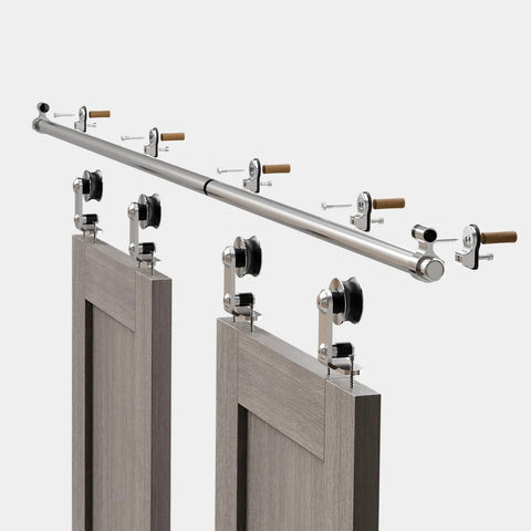 Heavy Duty Stainless Steel Double Sliding Track Barn Door Hardware Kit, 6.6 Foot Rail System with Quiet Smooth Rollers installed