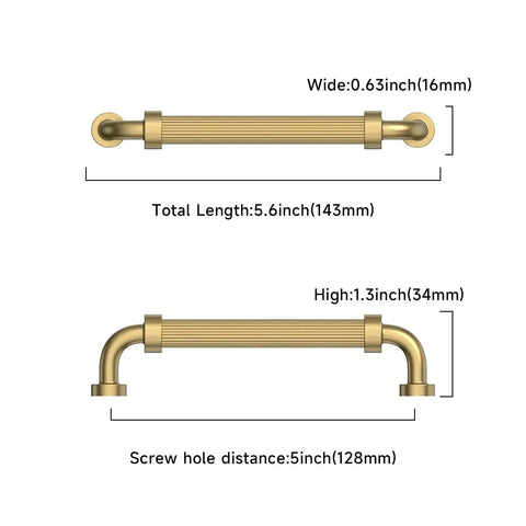 Diagram of champagne bronze cabinet handle showing dimensions including width 0.63in, total length 5.6in, height 1.3in, screw spacing 5in.