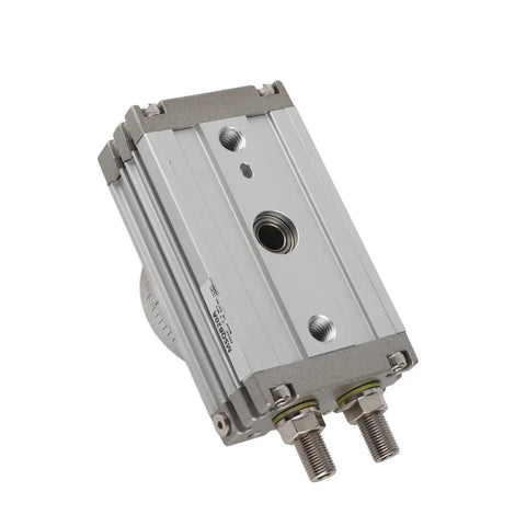 Front-angle view of pneumatic rotary actuator (rack-and-pinion), double-acting, 20mm bore, aluminum body with ports