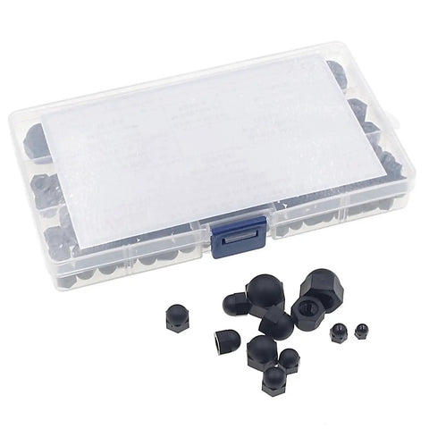 Nylon Acorn Hex Cap Nuts Assortment Kit In Metric Sizes M3 M4 M5 M6 M8 M10 Black Finish with storage box and scattered nuts