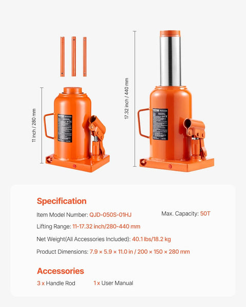 Orange 50 Ton Hydraulic Bottle Jack With 11 To 17 Inch Lift And 3 Section Handle in extended and retracted positions.