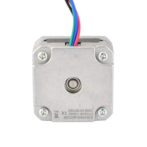 Front view of Compact Short Body Nema 17 Bipolar Stepper Motor 1A 22.6 Oz In Holding Torque, wires visible, for DIY CNC and 3D printers.