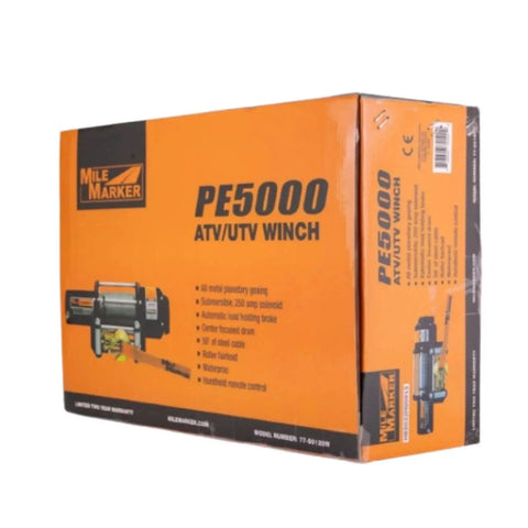 Mile Marker PE5000 ATV/UTV winch box in orange with Mile Marker logo and product name.