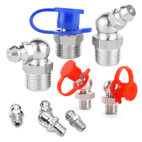 Grease fitting replacement kit with SAE/metric zerks, straight and angled fittings (1/4 in, 1/8 in, M6, M10) metal with plastic caps