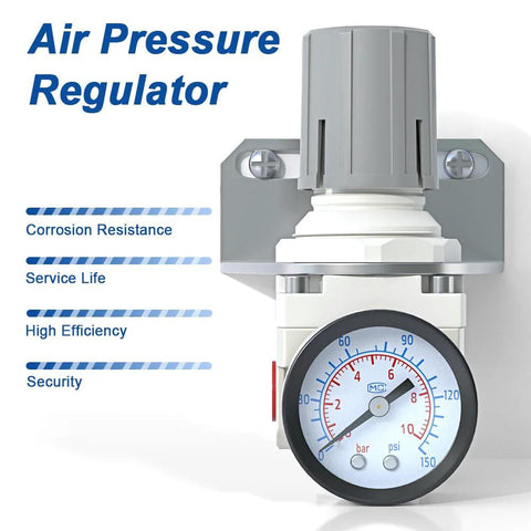 Air pressure regulator AR2000-02 with 1/4 in NPT port, white/gray body and 0–150 psi gauge for compressed air