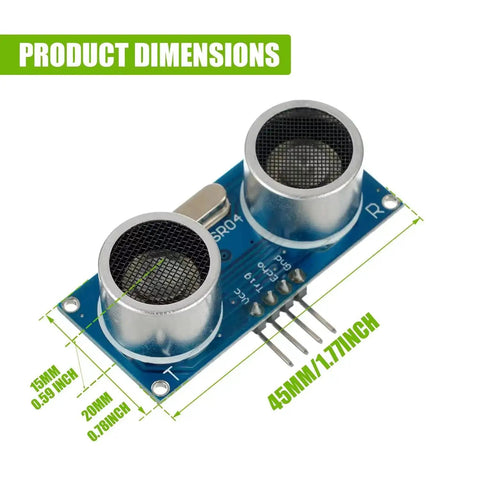 Ultrasonic Distance Sensor Module HC SR04 for Arduino Uno Mega Nano, dimensions labeled, showing 45mm x 20mm x 15mm size.
