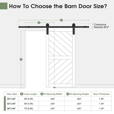 Illustration showing 36 Inch By 84 Inch Sliding Barn Door With Six Point Six Foot Hardware Kit And Handle Included Solid MDF Wood Slab Covered With Water Proof And Scratch Resistant PVC Surface Simple Do It Yourself Assembly Chevron Pattern with size guide.
