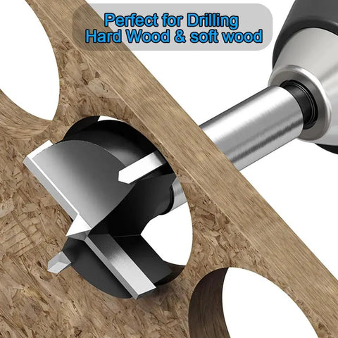 Beefy Carbide Tipped 3 Inch Forstner Drill Bit for Woodworking and Plywood Cutting, view of bit embedded in wood