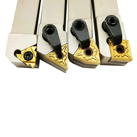 Front view of 5/8 Inch CNC Lathe Indexable Turning Tool Holder Set With Nickel Plated Finish Includes 4 Carbide Inserts And 3 Wrenches.