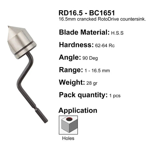 16.5mm cranked RotoDrive countersink with HSS blade, 90-degree angle, for holes; image includes product specifications.