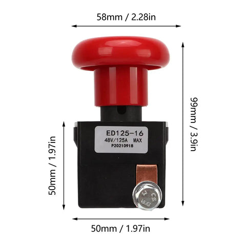 Front view of Emergency Stop Switch For Forklifts 48V 125A ED125-16 Heavy Duty Push Button with red actuator and measurements.