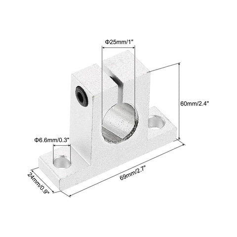 4 Pack SK25 Aluminum Linear Rod Rail Shaft Support Brackets for 25mm Shaft, Silver Tone, vertical view with dimensions shown