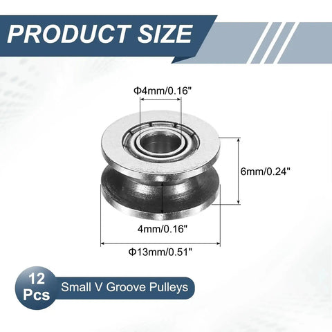 12 Pcs Small V Groove Pulleys 4x13x6mm Miniature Carbon Steel Ball Bearing Pulleys Replacement For Rail Track Linear Motion System Sweet For CNC Machines And DIY Projects
