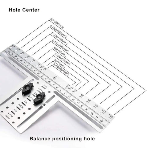 Eight Position Cabinet Pull Drill Template For Doors And Drawers Metal Mounting Template With Direct Drilling No Clamps Needed Center Pitch Spacing For 64mm 76mm 96mm And 128mm Handles Silver 1 Pack shown with measurement guide on stainless steel.