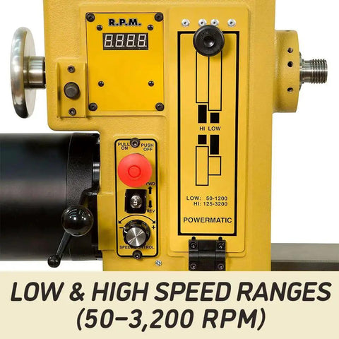 Close-up of Powermatic 20x20 Wood Lathe controls showcasing RPM readout and speed range options.
