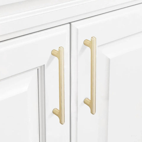10 Pack 5 Inch Hole Centers Brushed Brass Cabinet Handles Gold Finished Kitchen Cabinet Pulls installed on white cabinets