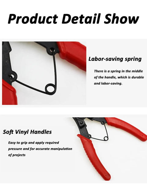 All In One Snap Ring Pliers Set With Interchangeable Jaw Heads For 45 90 And 180 Degree Angles, Heavy Duty C Clip Removal Tool For Automotive And Engine Repair, Perfect For Lawn Mowers, Tractors, Cars, SUVs And Trucks with red vinyl handles and labor-saving spring.