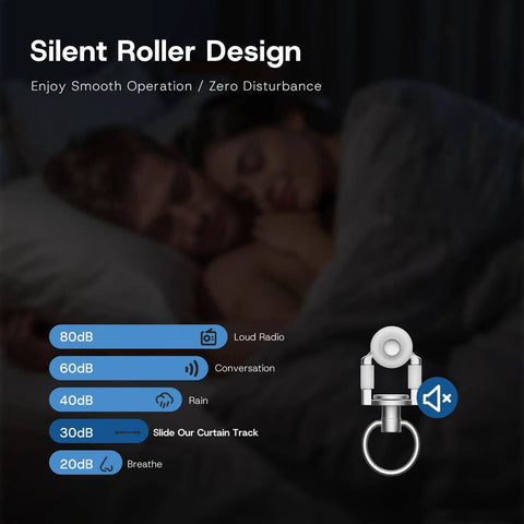 Silent roller design for heavy duty ceiling curtain track system with whisper quiet glide, showing noise levels compared to common sounds.
