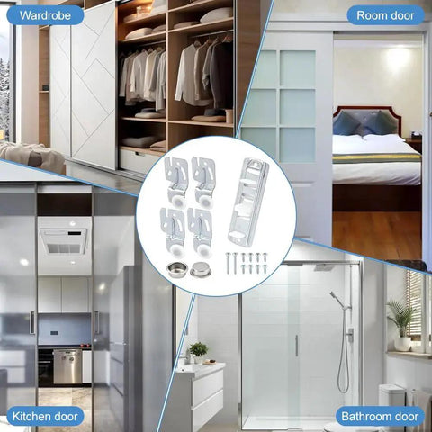 5Pcs Closet Sliding Door Roller Hardware Kit for Wardrobe Doors with Slide Track Replacement Rollers shown with examples of use in various rooms.