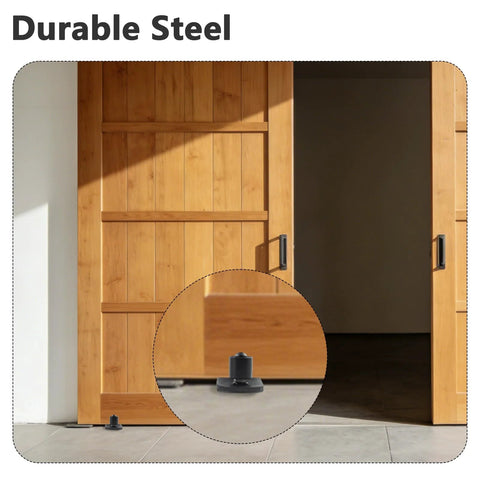Four Pack Black Sliding Barn Door Floor Guides Flush Wall Mount installed at bottom of wooden barn door for alignment support