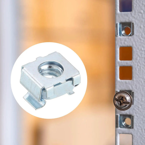 1/4-20 Cage Nut Set for Server Racks, zinc plated carbon steel, installed in a 19-inch rack cabinet with square-hole panel