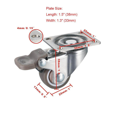 4 Pack 1" Low Profile Swivel Caster Wheels - Soft Rubber with 360° Top Plate, 100 lb Total Capacity (2 with Brakes & 2 Without)