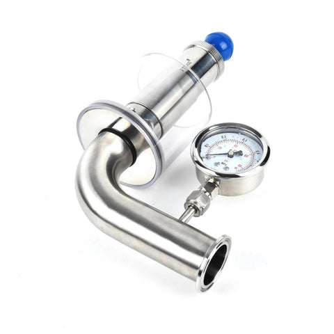 QiiMii 1.5 in sanitary tri-clamp adjustable safety valve with diaphragm gauge, SS304 stainless steel, blue cap