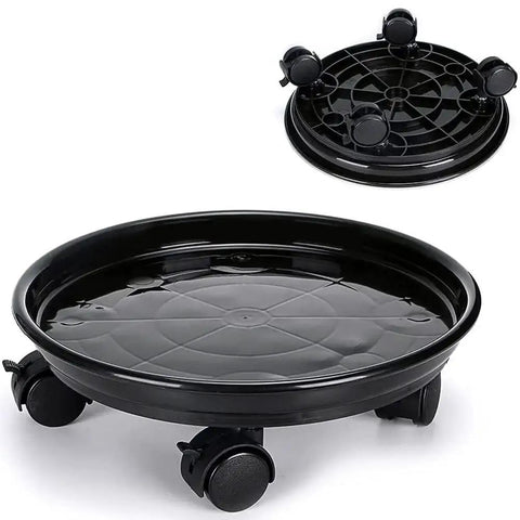Black resin plant caddy with four wheels, part of Three Pack Rolling Plant Caddies With Wheels For Round Planters 13 Inch Diameter 3.5 Inch High.