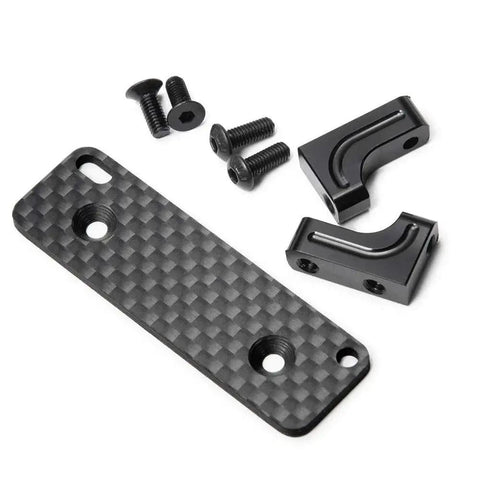 Front view of black aluminum alloy RC servo mount bracket set with carbon-fiber pattern mounting plate and screws