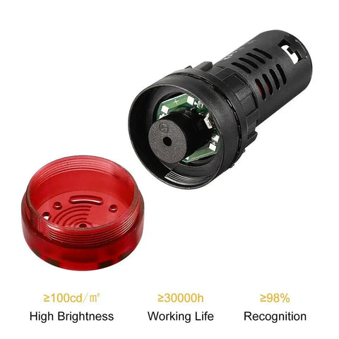 Red Indicator Light With Buzzer, 110V AC DC, 22mm Panel Mount Flashing Alarm disassembled view showing components.