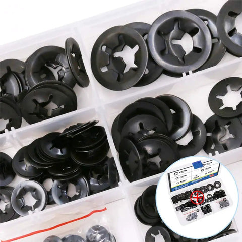 Glarks internal-tooth starlock push-on locking washers kit, 280 pcs, black plastic in organizer box