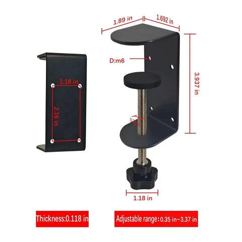 Side view of Heavy Duty 3 Inch C Clamp 2 Pack With Four Hole Back, adjustable desk clamp dimensions, non-slip pads visible