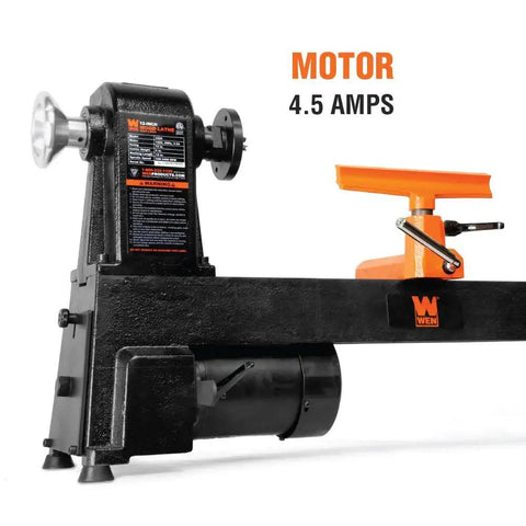 Close-up of Powerful Benchtop Wood Lathe With 4.5 Amp Motor And 12 By 18 Inch Capacity Five Speed Settings Up To 3400 RPM Includes Three And One Eighth Inch Faceplate For Bowls And Cups MT2 Tapers Ideal For Hobbyists And Makers Wen