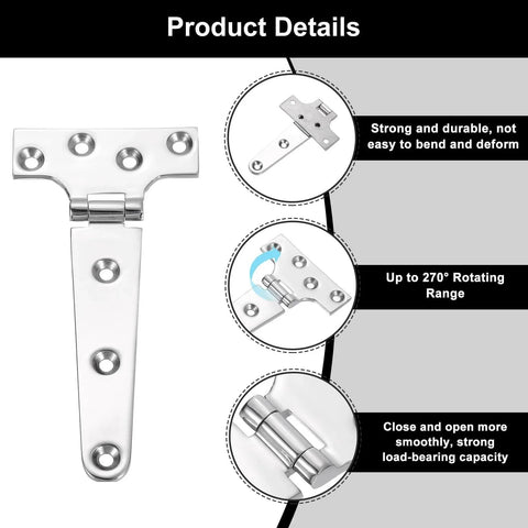 Product details of Six Pack Marine Grade T Hinges Heavy Duty T Hinge 6x3 Inch Stainless Steel Boat Hinges with rotation and durability features.