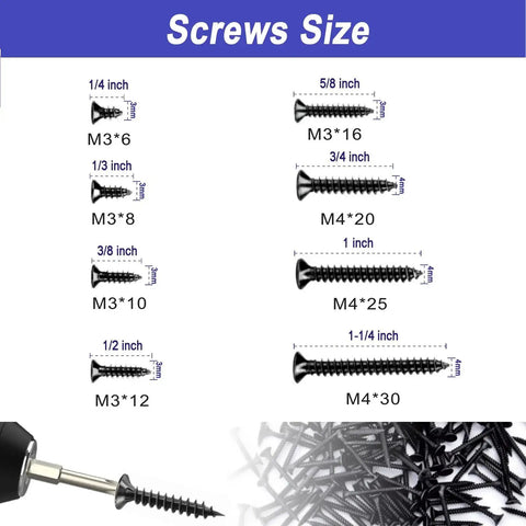 DIY Wood Screws Assortment Kit With 480 Pieces M3 And M4 Black Self Tapping Fasteners For Cabinet Hinges Size Chart