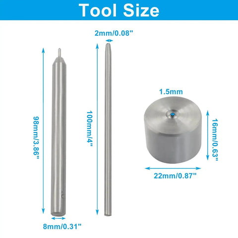 Pro Grade Eyelet Punch Die Set With Base And Column 2 mm Grommet Setter size dimensions illustration, highlighting tool measurements