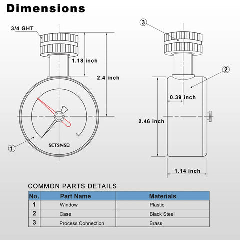 SCTSNSR 0–200 psi water pressure test gauge, 2.5 in dial, 3/4 GHT, black steel case, red max pointer.