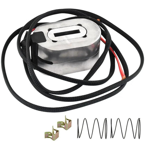 Trailer brake magnet kit for electric trailer brakes; metal magnet, black braided wire, coil spring, mounting clips (front view)
