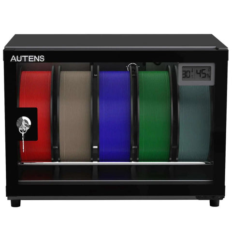 25L Filament Dehumidifier Storage Cabinet For 5 Rolls With Magnetic Seal, visible spools, transparent glass, digital display