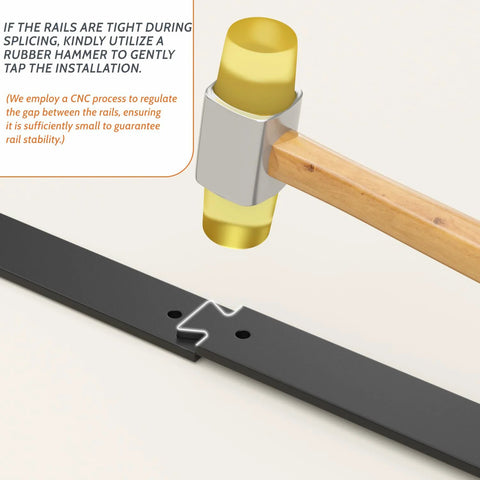 Close-up of 48 Inch Bifold Barn Door Hardware Kit For Two Doors In Black Finish With Corrosion Resistant Carbon Steel Construction with rubber mallet.