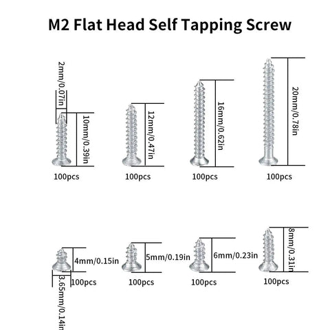 Diagram of M2 Flat Head Self Tapping Screws Set For Woodworking, Nickel Plated Carbon Steel, 800 Pieces, showing various lengths and quantities.